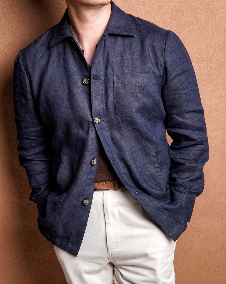 Navy Diag Pocket Linen Blouson