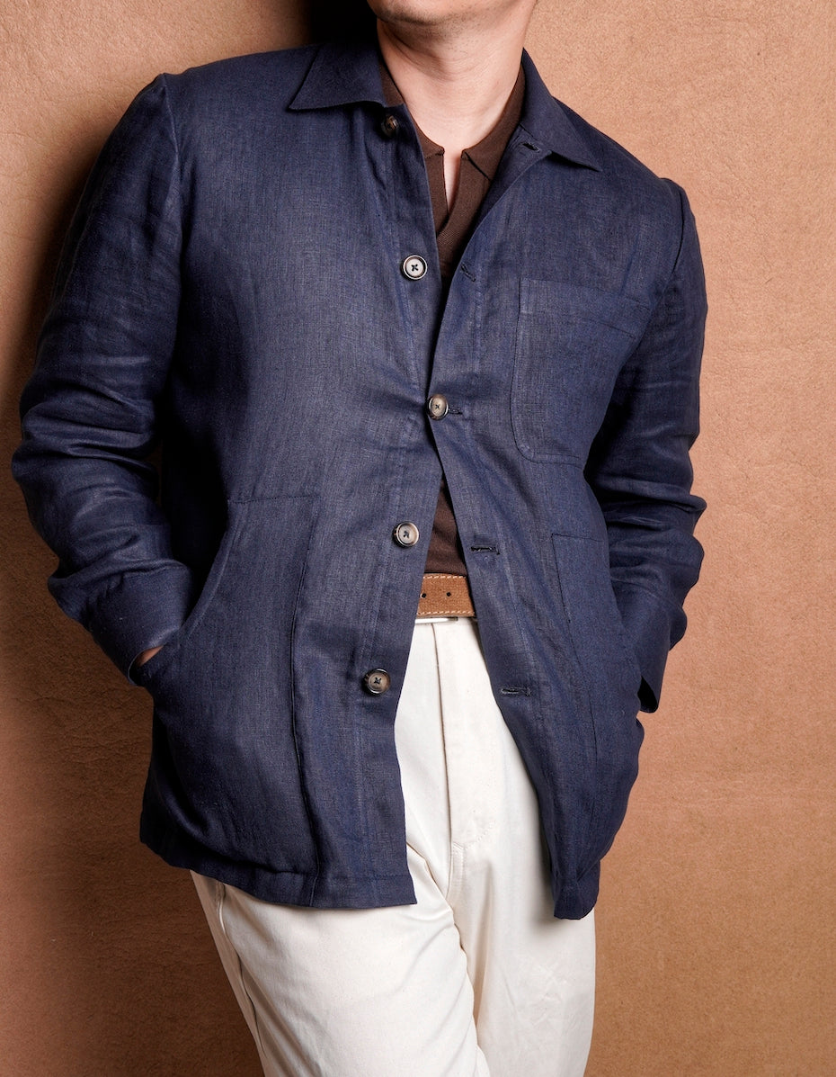 Navy Diag Pocket Linen Blouson