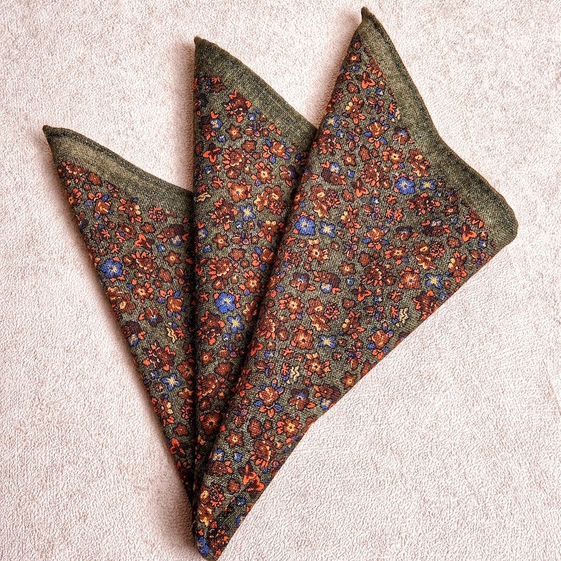 Green Floral Wool Pocket Square