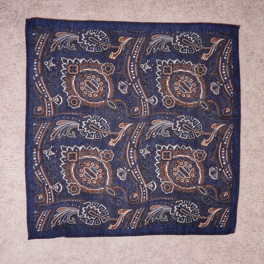 Navy Paisley Wool Pocket Square