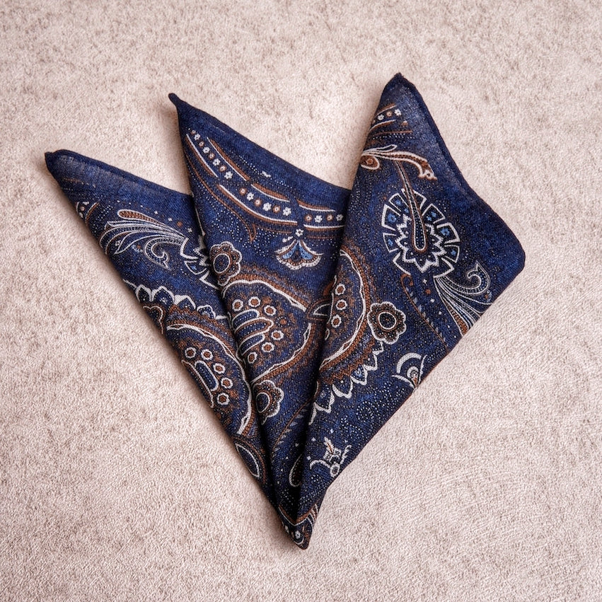 Navy Paisley Wool Pocket Square