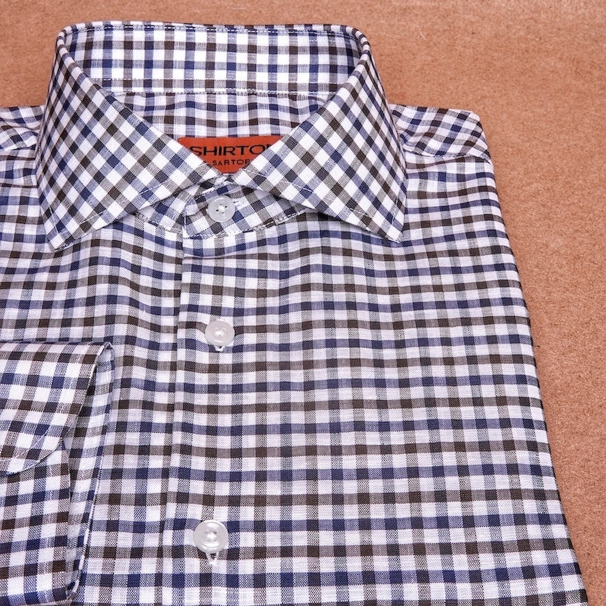 Gingham Brown Blue Linen Cotton Shirt