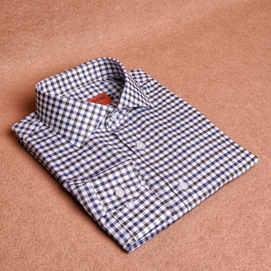 Gingham Brown Blue Linen Cotton Shirt