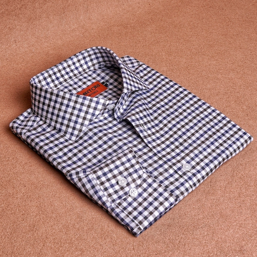 Gingham Brown Blue Linen Cotton Shirt