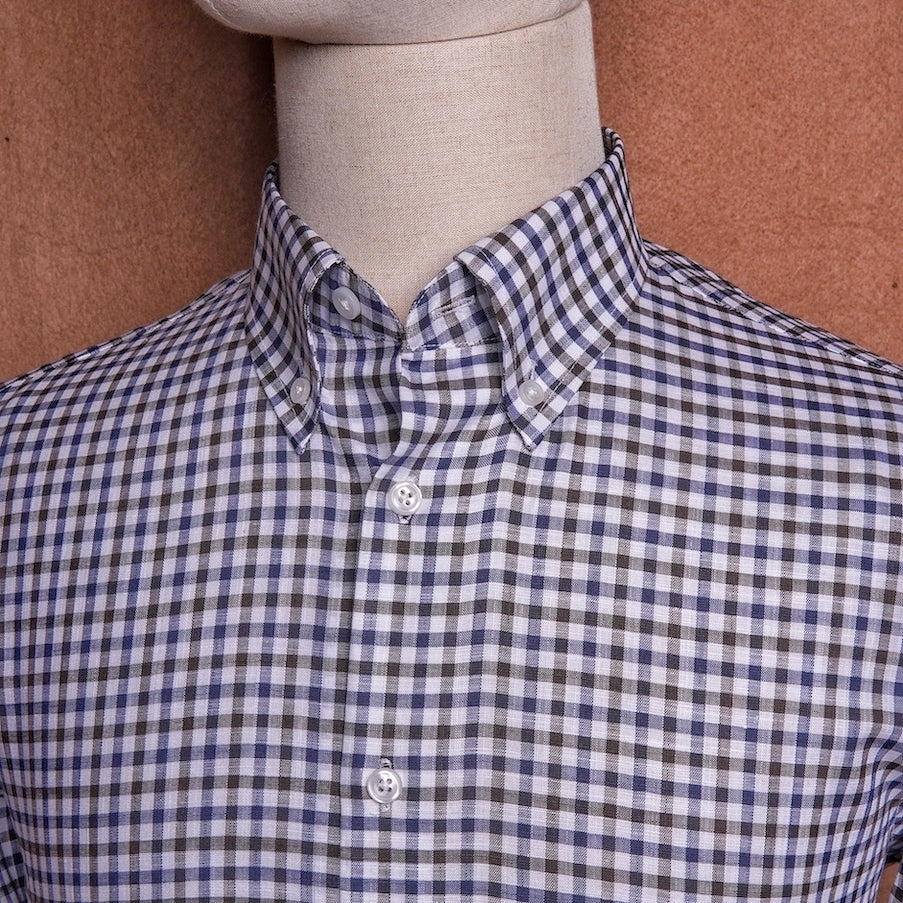 Button Down Gingham Brown Blue Linen Cotton Shirt