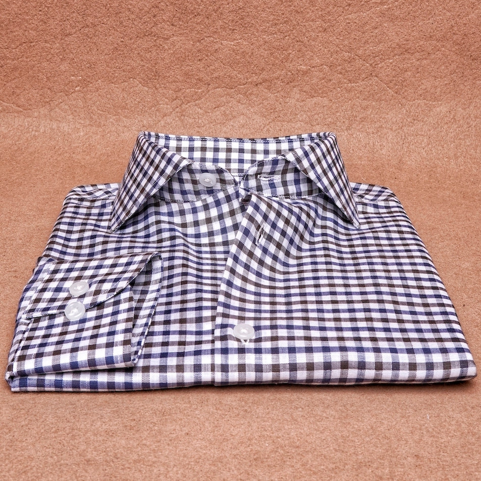 Gingham Brown Blue Linen Cotton Shirt