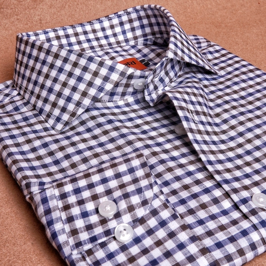 Gingham Brown Blue Linen Cotton Shirt