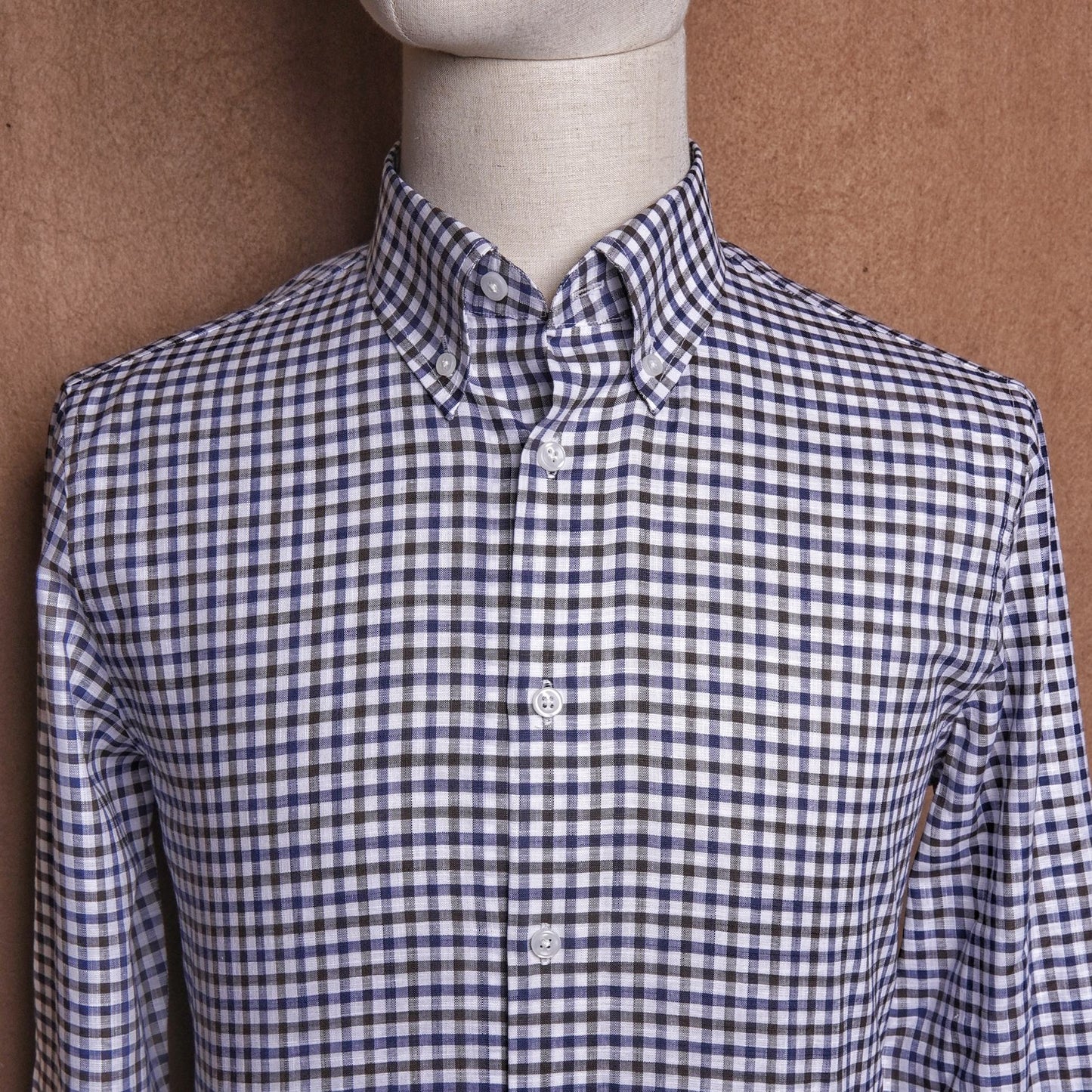 Button Down Gingham Brown Blue Linen Cotton Shirt