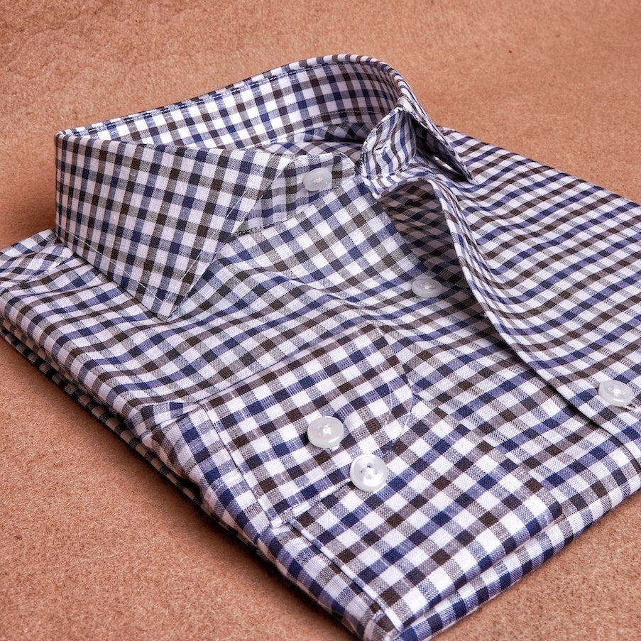 Gingham Brown Blue Linen Cotton Shirt