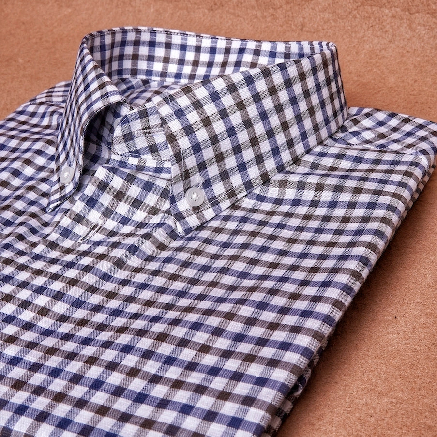 Button Down Gingham Brown Blue Linen Cotton Shirt