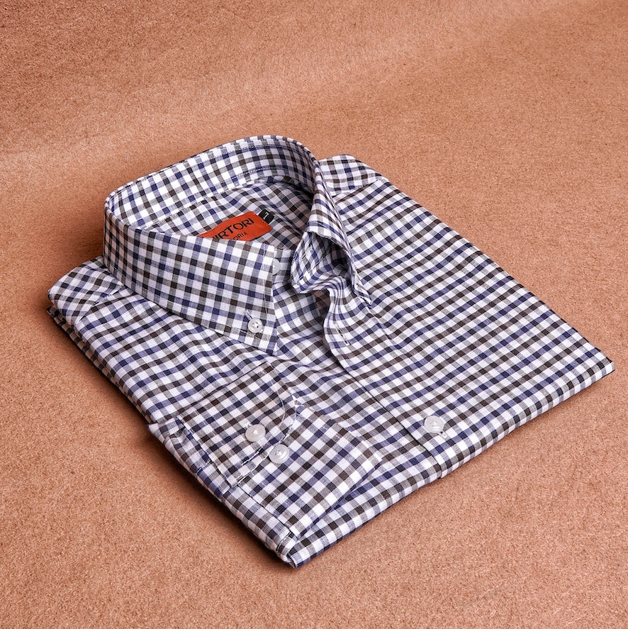 Button Down Gingham Brown Blue Linen Cotton Shirt