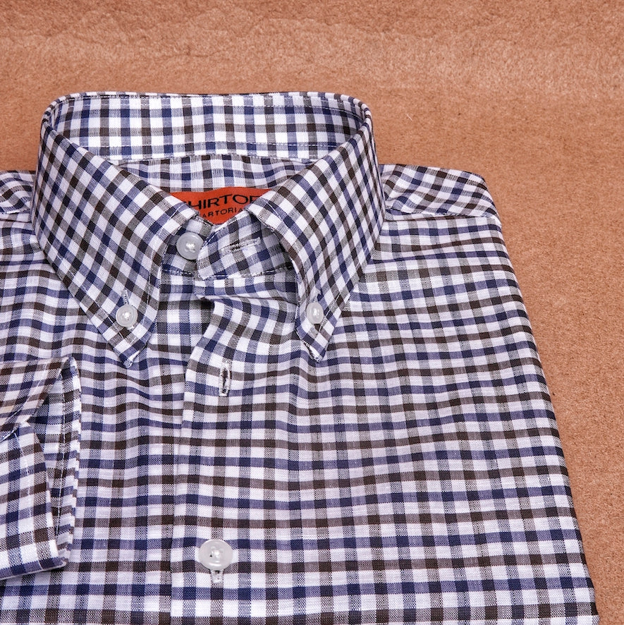Button Down Gingham Brown Blue Linen Cotton Shirt
