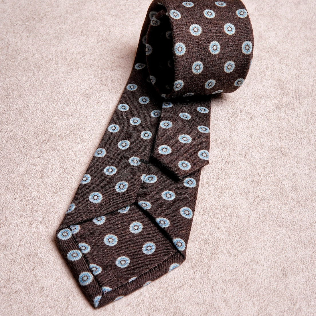 Round Floral Blue Brown Wool Tie