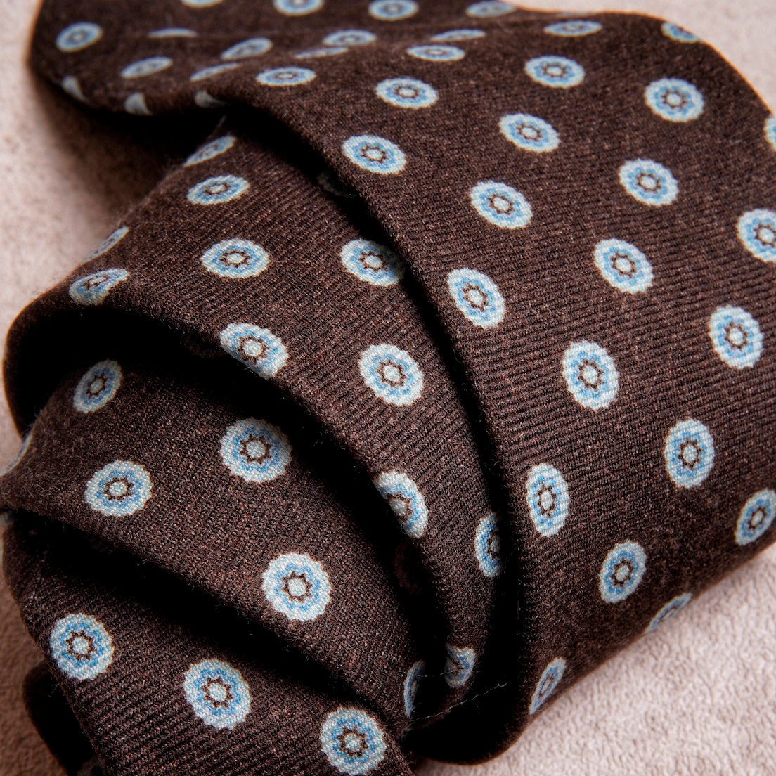 Round Floral Blue Brown Wool Tie
