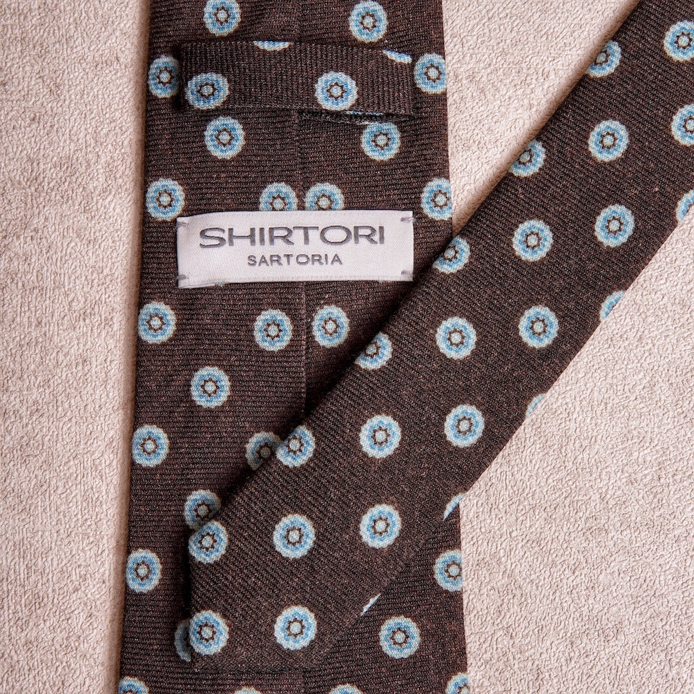 Round Floral Blue Brown Wool Tie