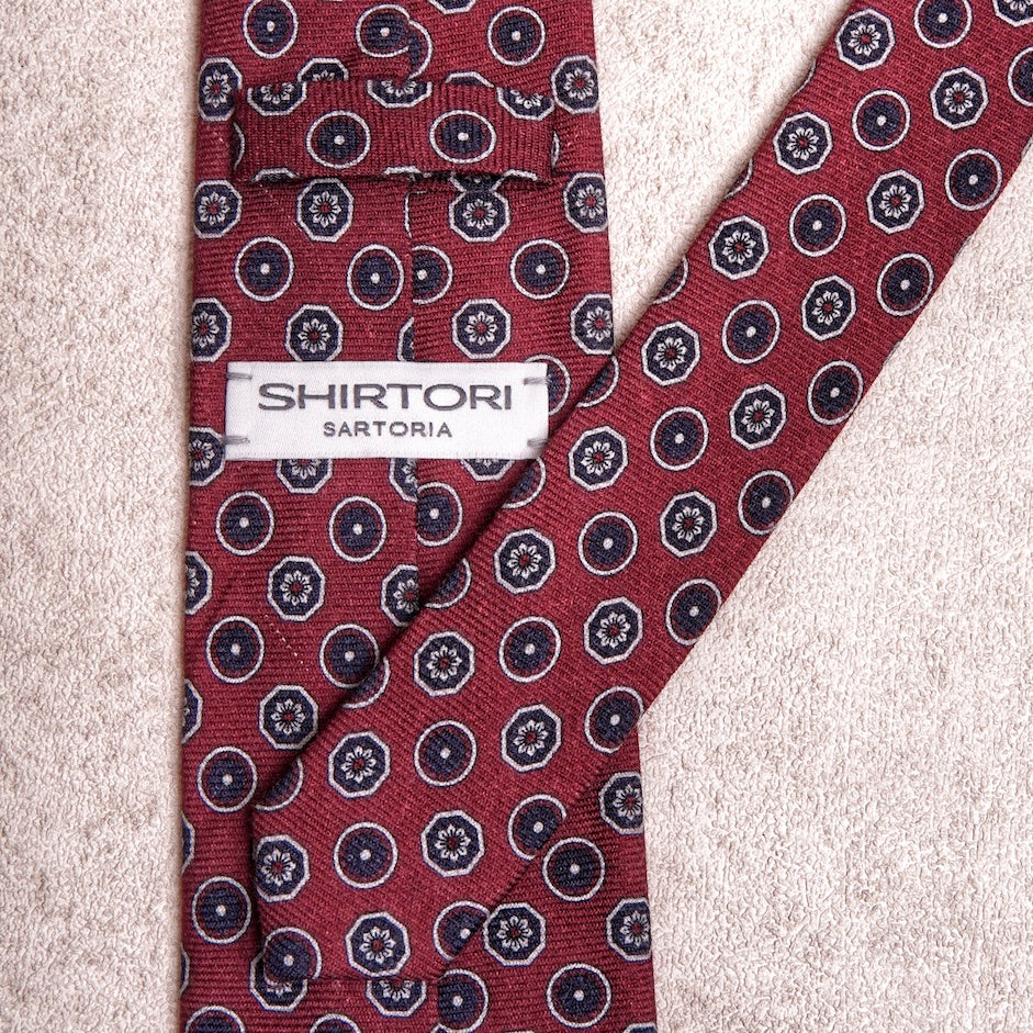 Round Floral Blue Burgundy Wool Tie