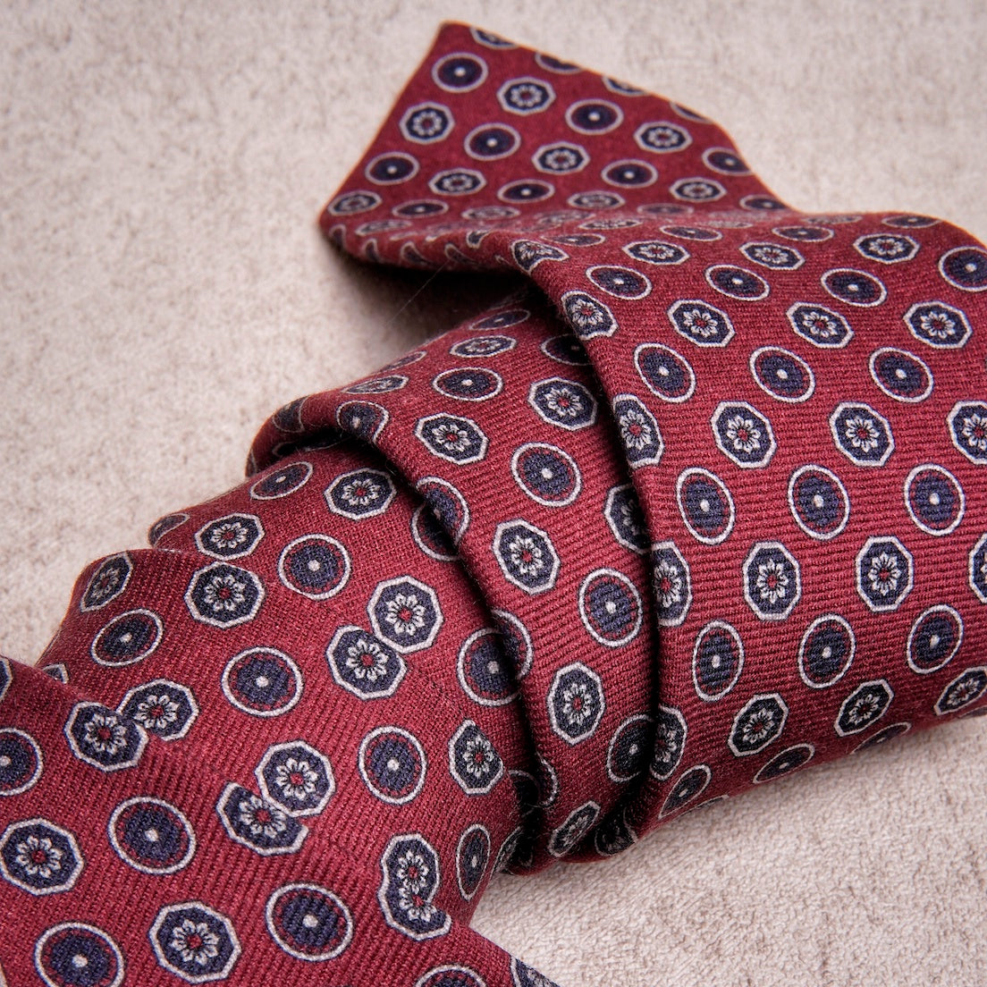 Round Floral Blue Burgundy Wool Tie