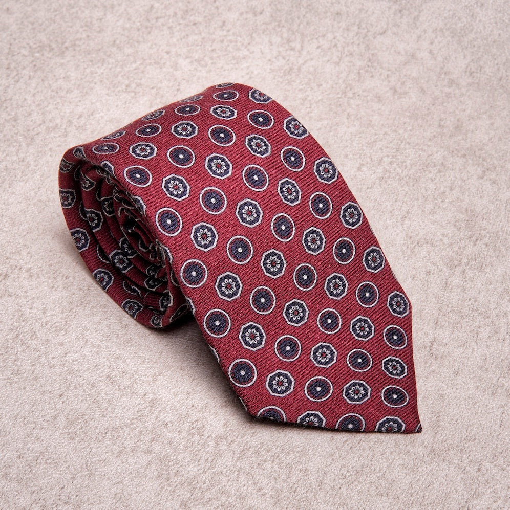 Round Floral Blue Burgundy Wool Tie