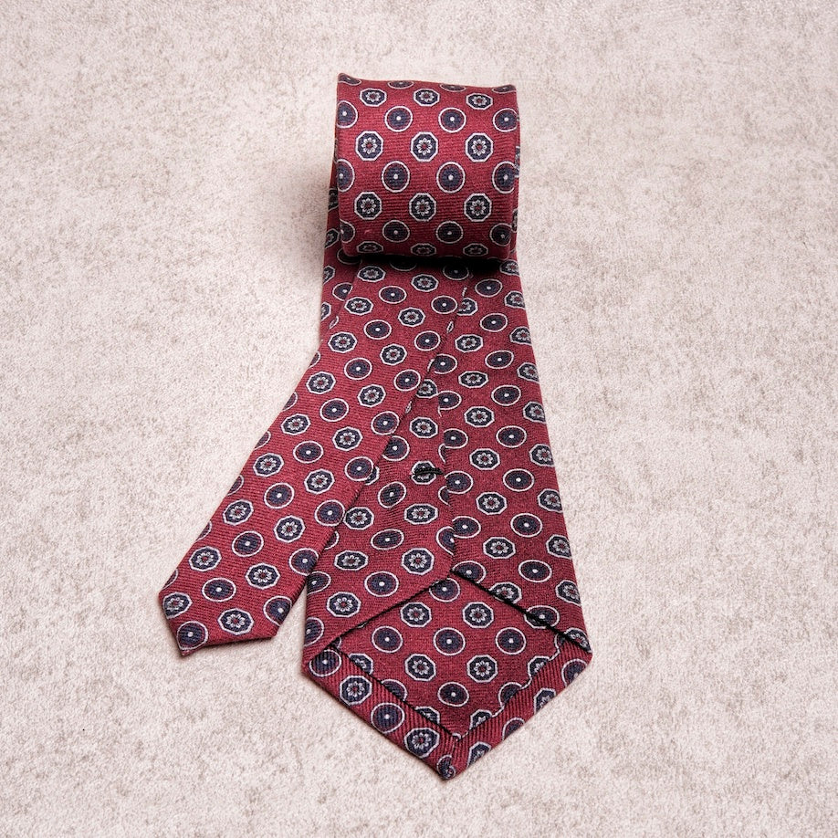 Round Floral Blue Burgundy Wool Tie