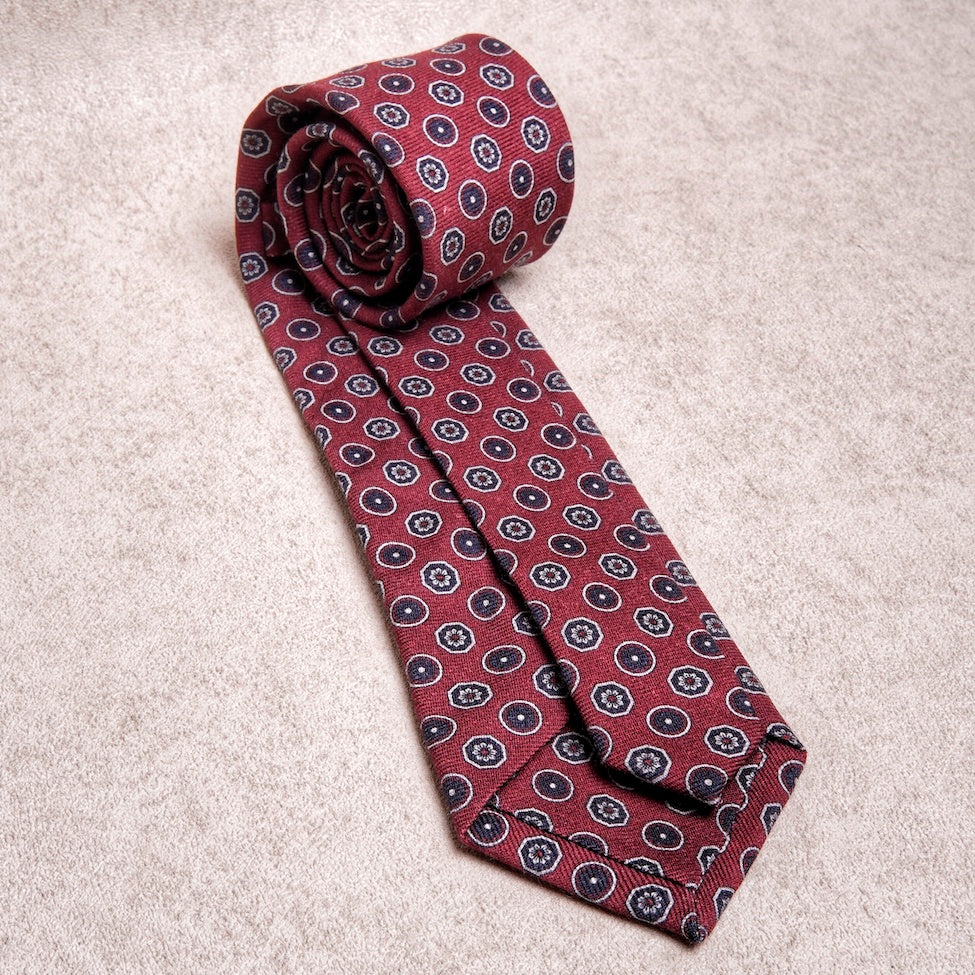 Round Floral Blue Burgundy Wool Tie