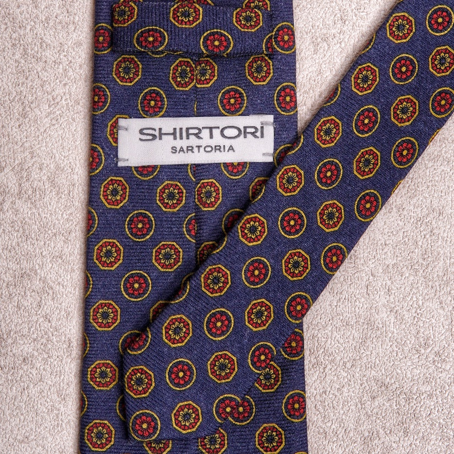 Round Floral Red Blue Wool Tie