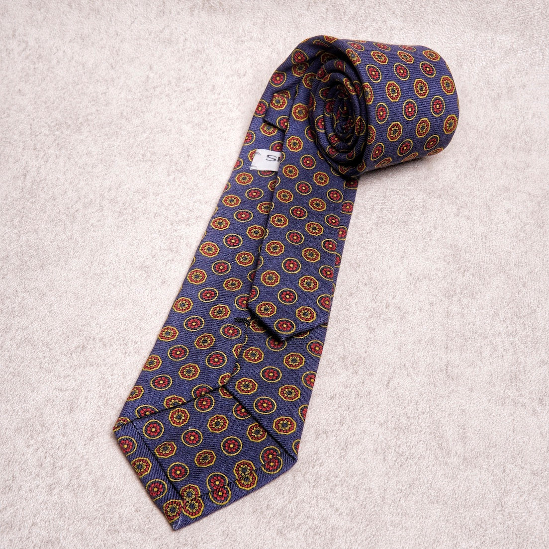 Round Floral Red Blue Wool Tie