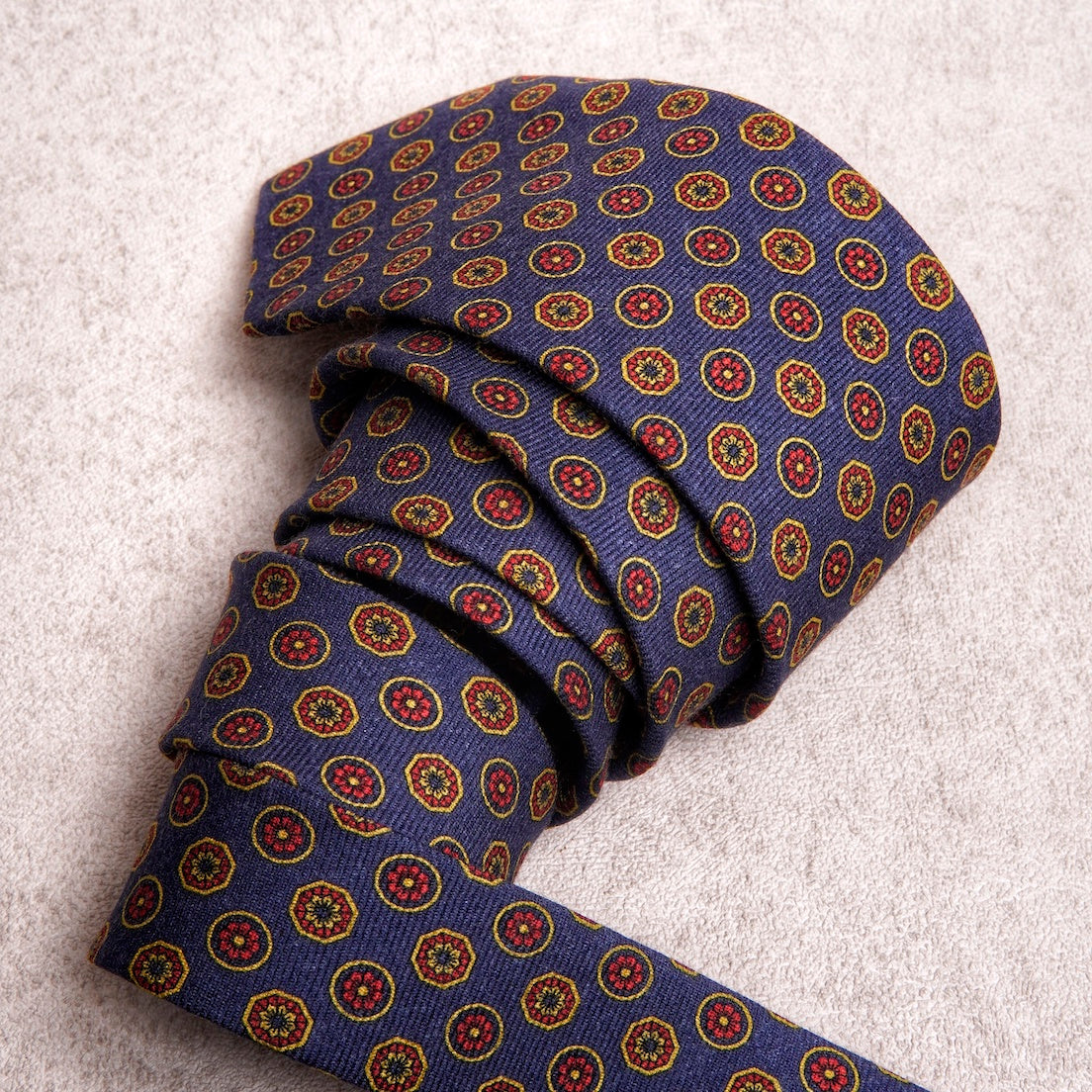 Round Floral Red Blue Wool Tie