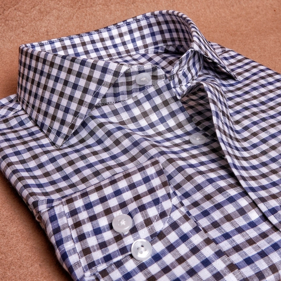 Gingham Brown Blue Linen Cotton Shirt