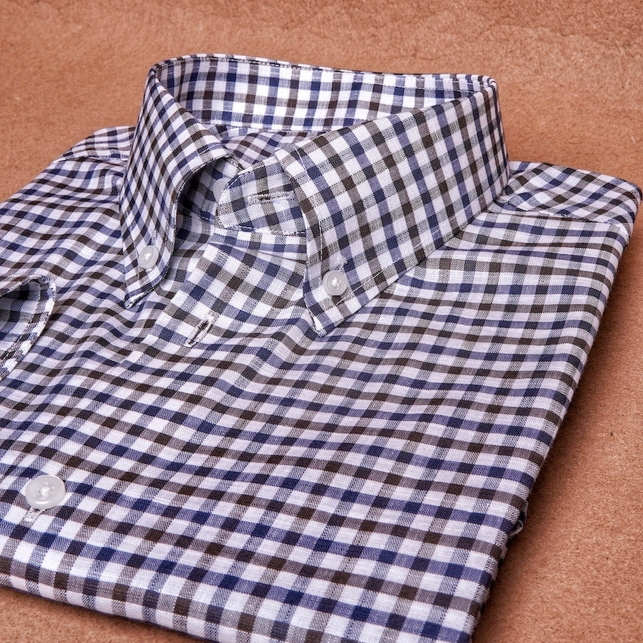 Button Down Gingham Brown Blue Linen Cotton Shirt
