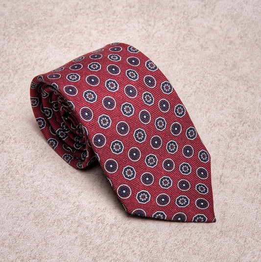 Round Floral Blue Burgundy Wool Tie