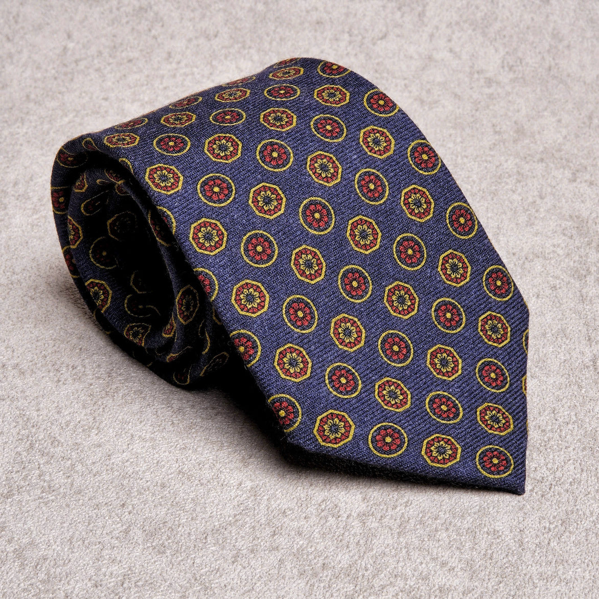 Round Floral Red Blue Wool Tie