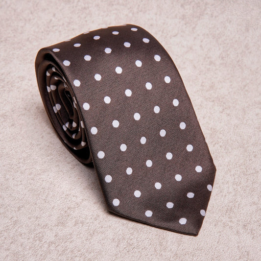 Polka Dots White Brown Microfiber Tie